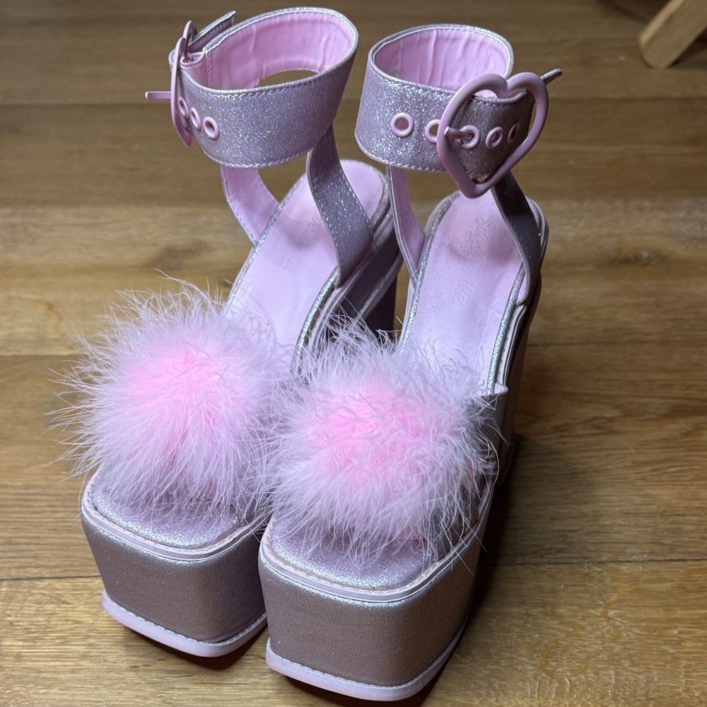 Dolls Kill Pink Shimmer Platform Heels with Pink Fur Pom Poms